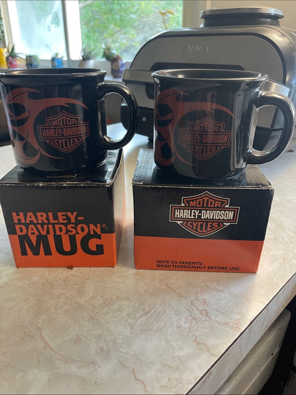 Harley-Davidson Black & Orange Flame Logo Coffee Mugs - Pair